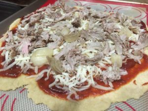 Topping the BBQ Pulled Pork Pizza @ bestwithchocolate.com