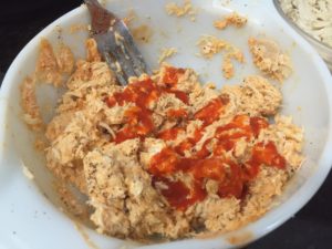 Mixing Buffalo Chicken for Buffalo Chicken Wraps @ bestwithchocolate.com