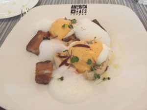 Eggs Benedick with pork belly @ America Eats Tavern. Review @ bestwithchocolate.com