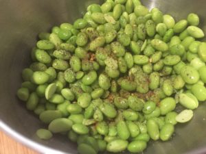 Making Roasted Edamame to mix in with Sausage Pesto Pasta @ bestwithchocolate.com