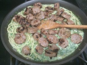 Mixing Sausage Pesto Pasta @ bestwithchocolate.com