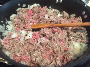 Cooking up ground beef filling for Tater Tot Hot Dish @ bestwithchocolate.com