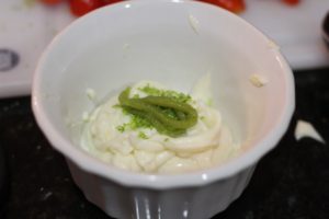 Mixing lime, wasabi, and mayo for Wasabi Aioli @ bestwithchocolate.com