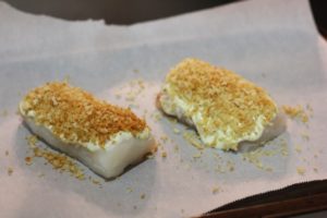 Topping with panko for Cod with Wasabi Aioli @ bestwithchocolate.com