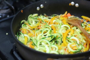 Stir frying vegetables for Rainbow Vegetable Pad Thai @ bestwithchocolate.com