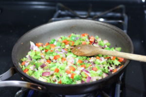 Sauteeing vegetables for Crustless Veggie Quiche @ bestwithchocolate.com