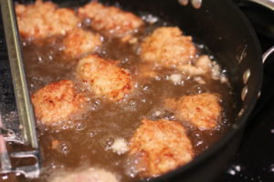 Frying up chicken for Chicken and Waffle Sliders @ bestwithchocolate.com