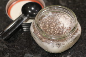 Chia Seeds mixed with Almond Milk for Banana Almond Butter Chia Seed Pudding @ bestwithchocolate.com