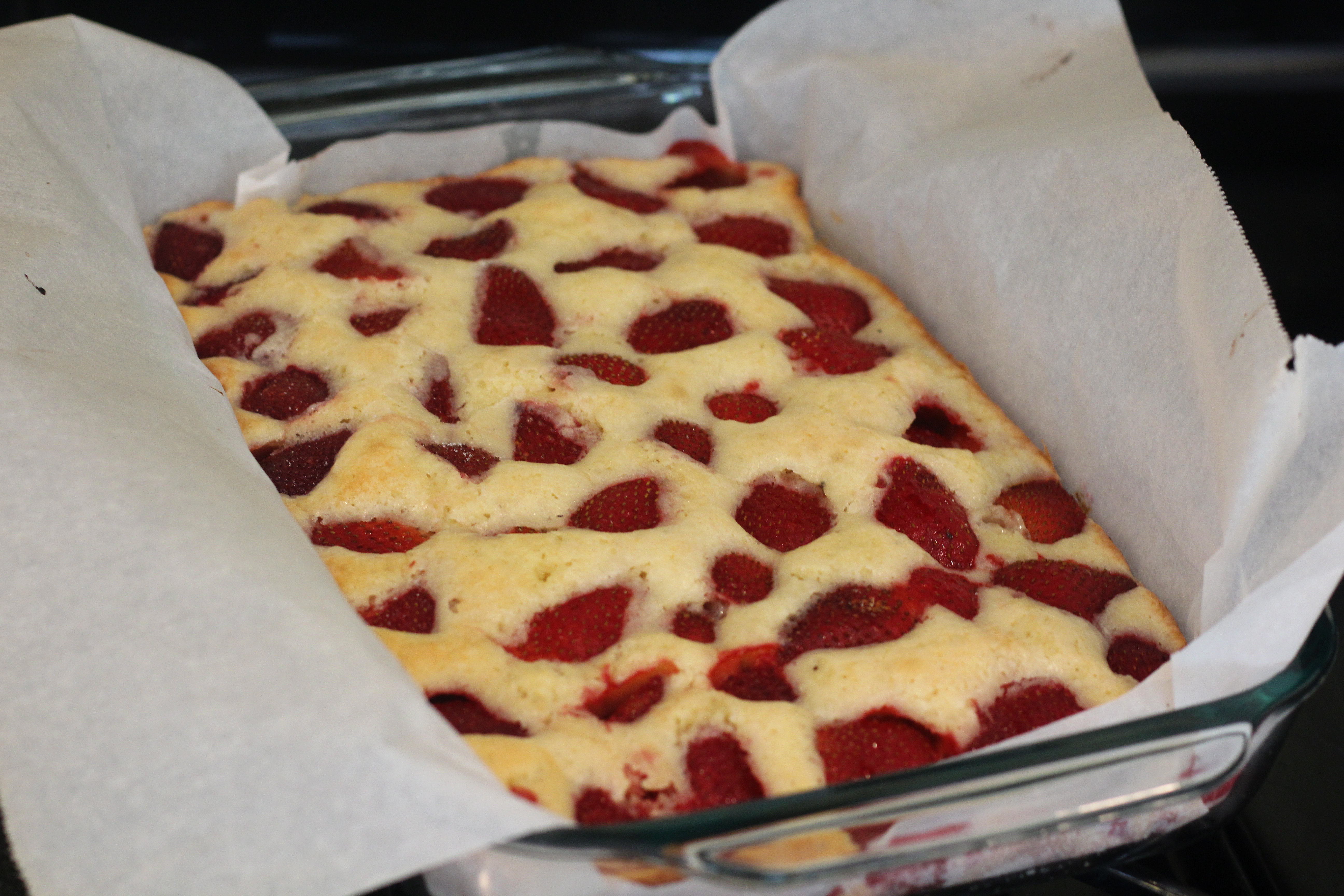 Freshly baked Strawberry Sheet Cake @ bestwithchocolate.com