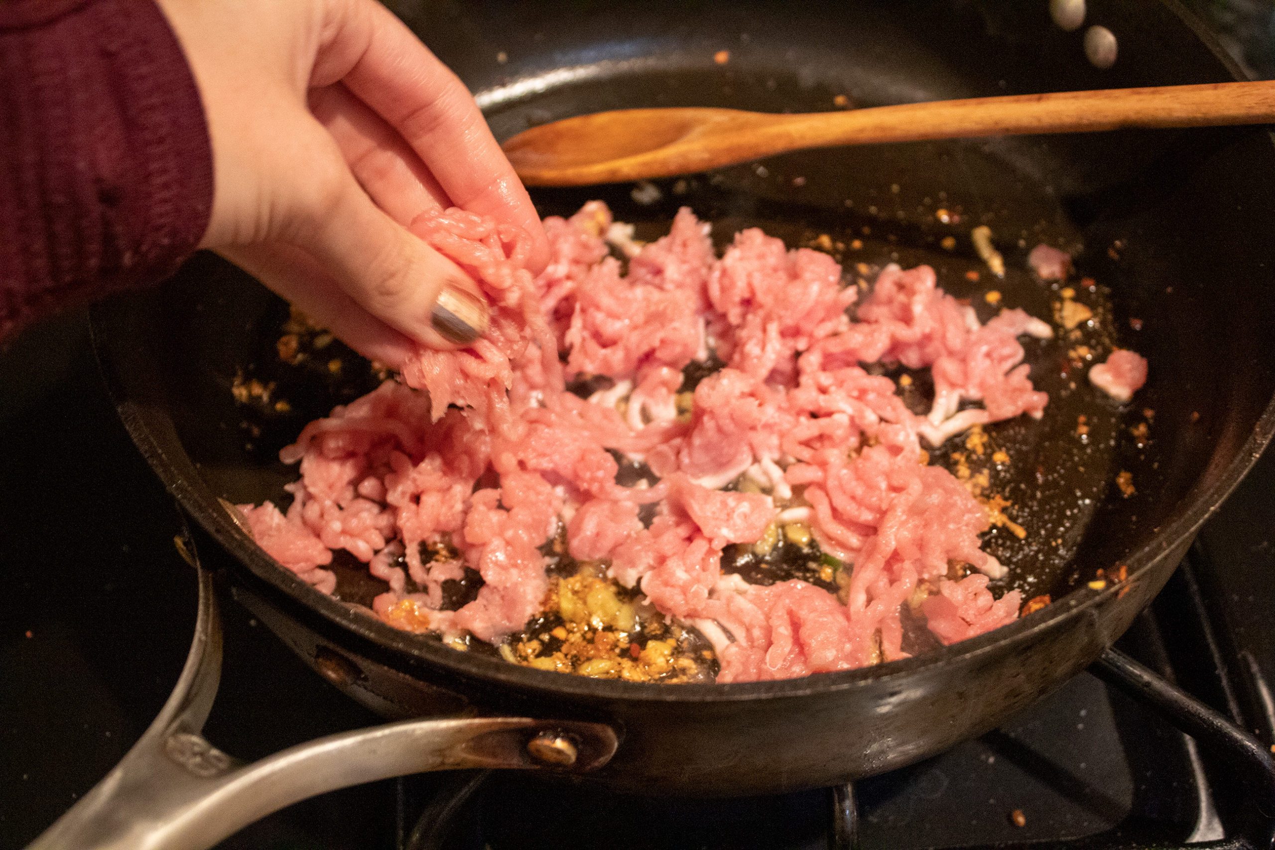Cooking pork for Mapo Tofu @ bestwithchocolate.com