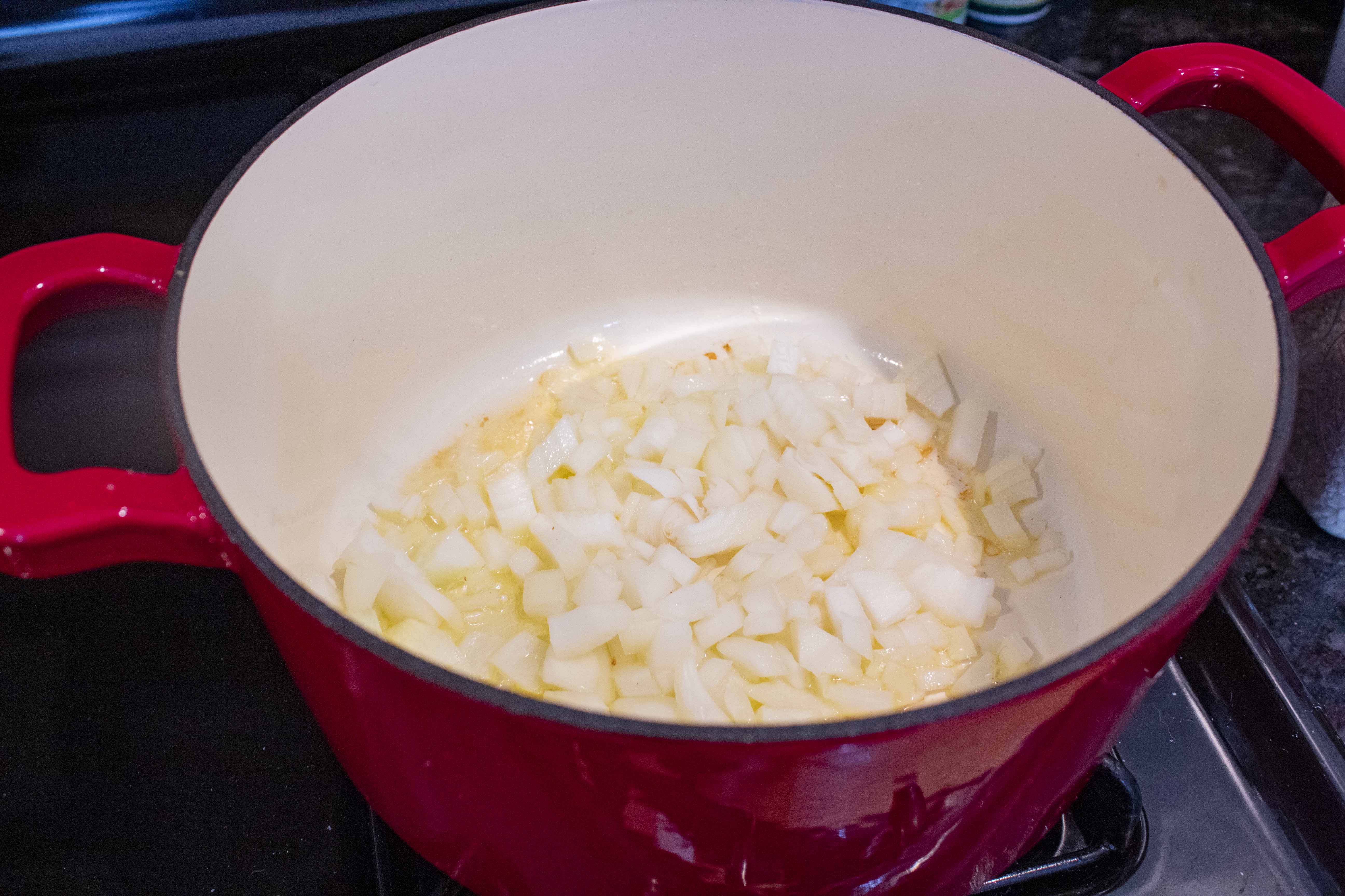 Cooking onions for Lightened Up Risotto @ bestwithchocolate.com
