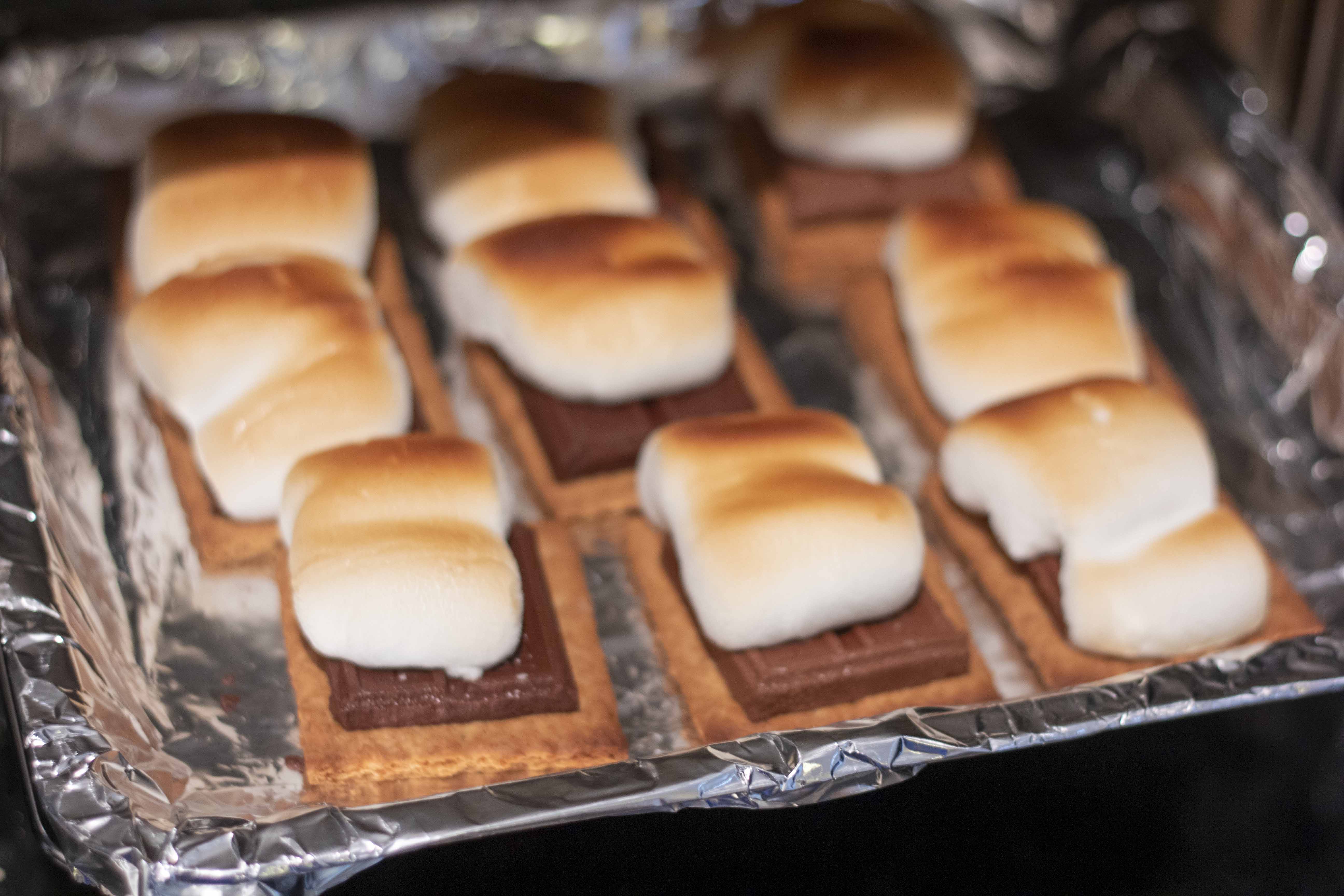 Freshly toasted marshmallows from the oven for Sheet Pan S'mores @ bestwithchocolate.com