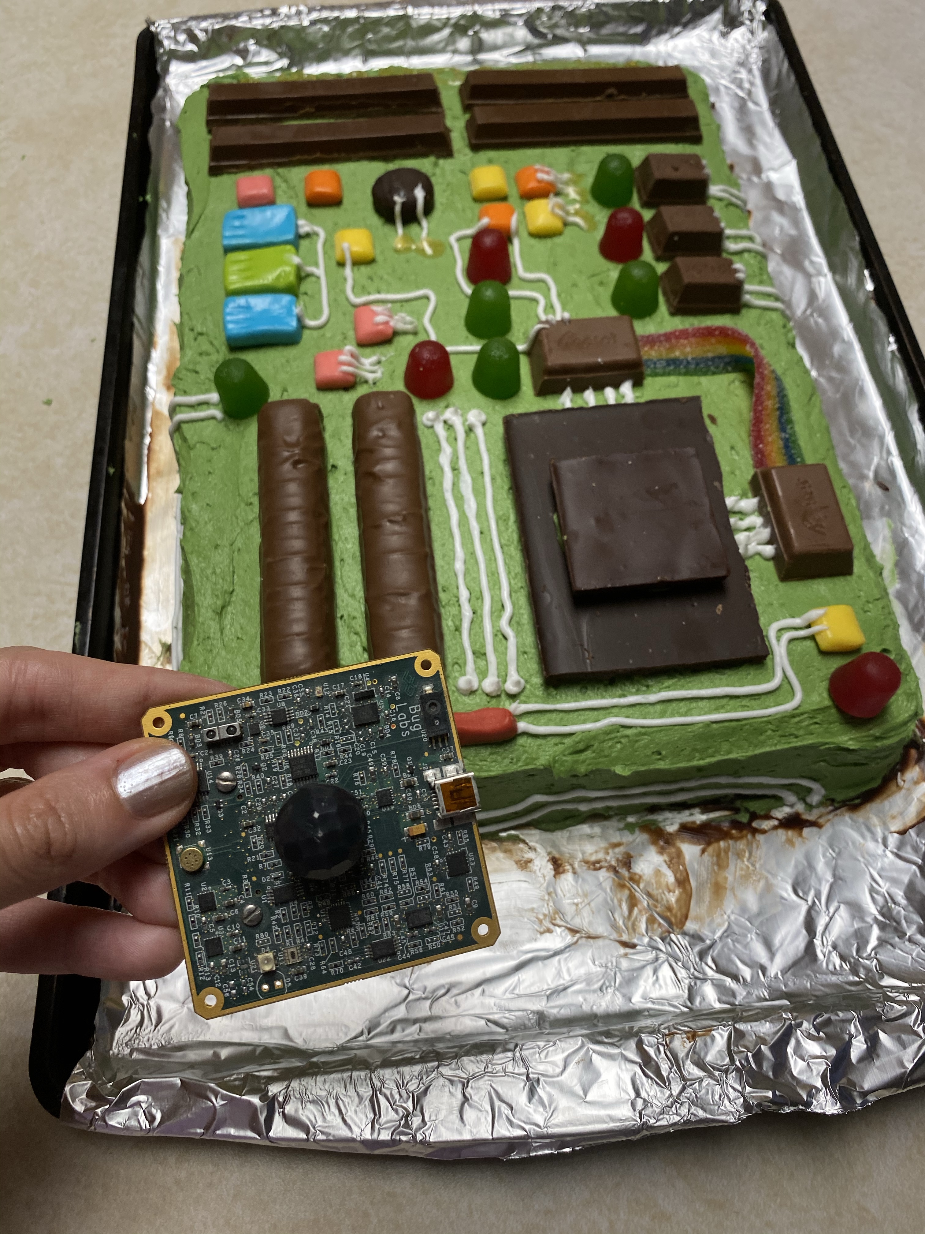 "Fatherboard Cake", a cake decorated with candies to look like a circuit board @ bestwithchocolate.com