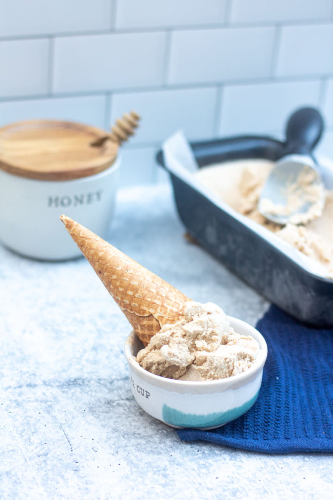 Cinnamon ice cream cone in a bowl