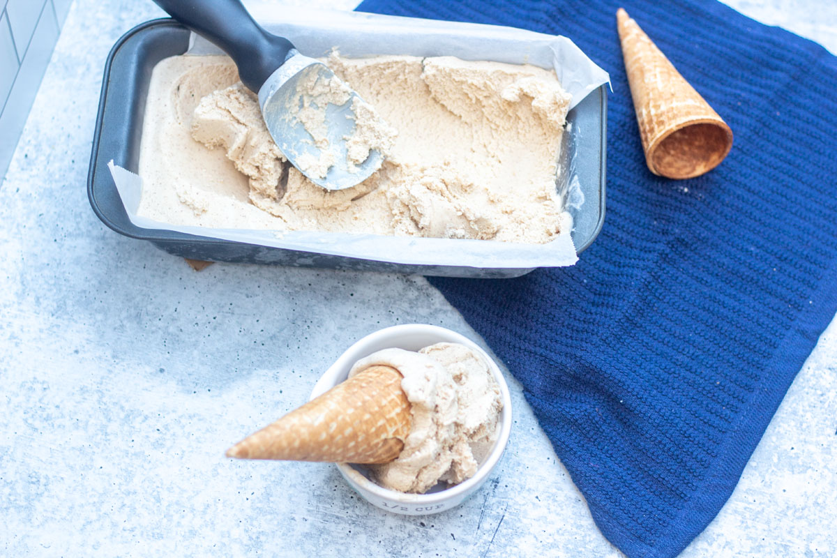 Cinnamon ice cream cone next to the cinnamon ice cream