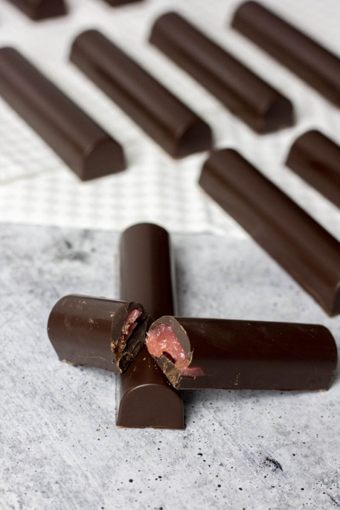 tempered chocolate snack bars on a polycarbonate mold
