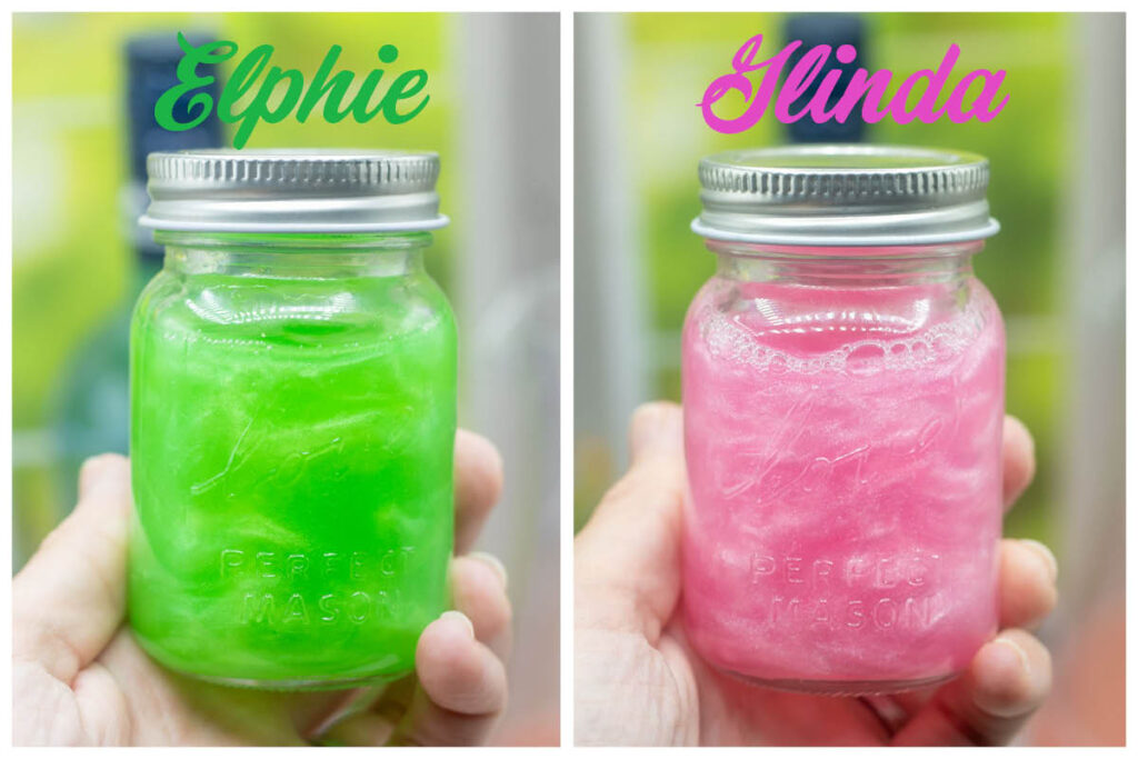 Jars of swirling sparkling potions inspired by the musical Wicked