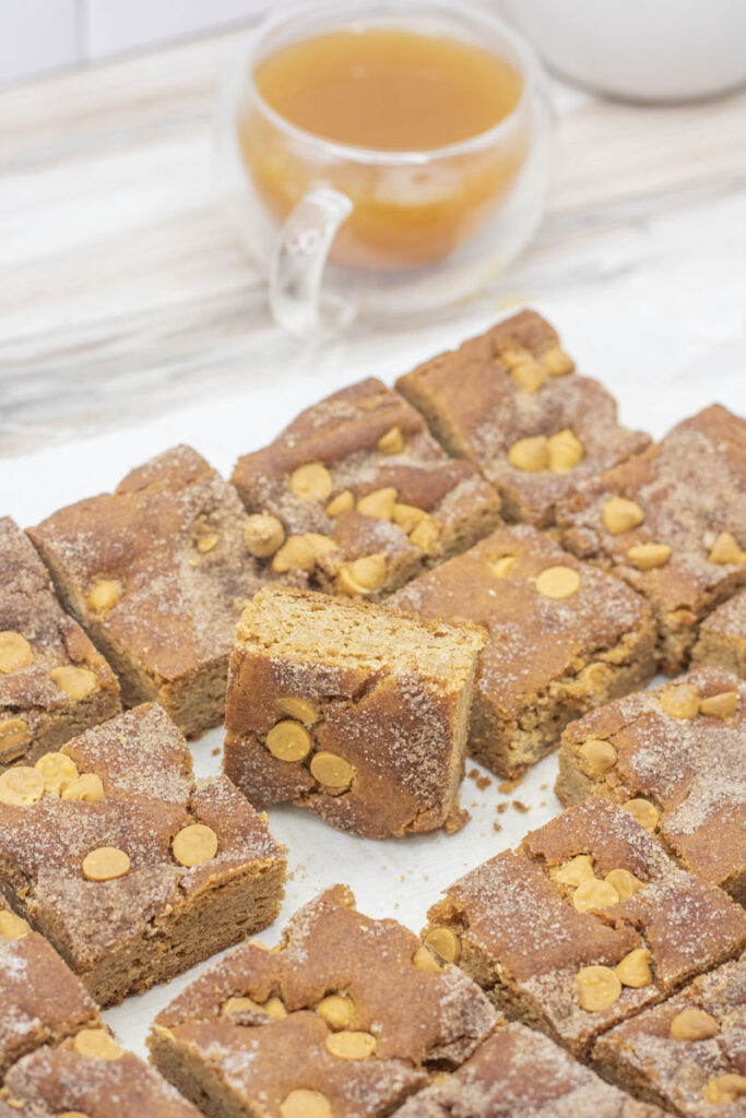 Apple cider bars with caramel chips cut into squares