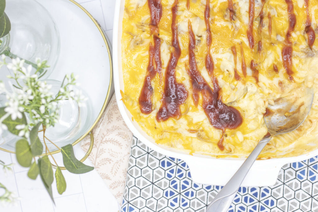 Casserole dish of bbq mac and cheese