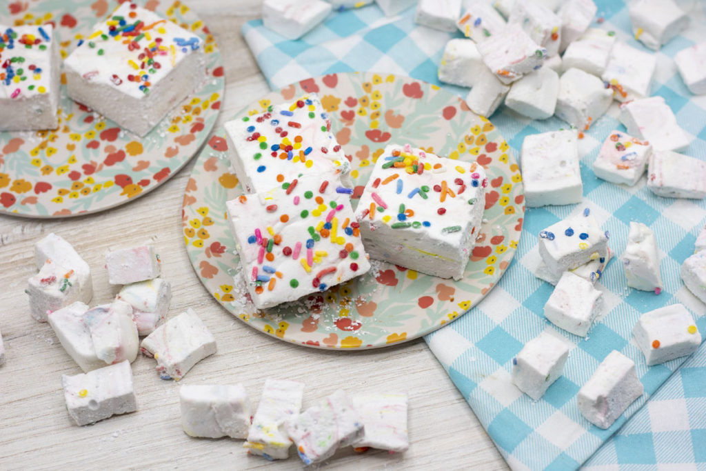 Sprinkle birthday cake marshmallows on a flowered plate