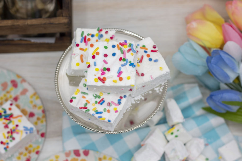 Pile of birthday cake marshmallows with rainbow sprinkles