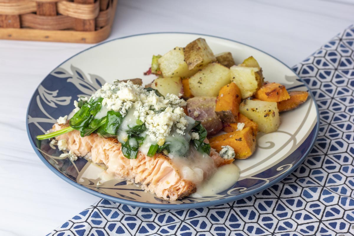 lemon butter salmon with bacon blue cheese and spinach