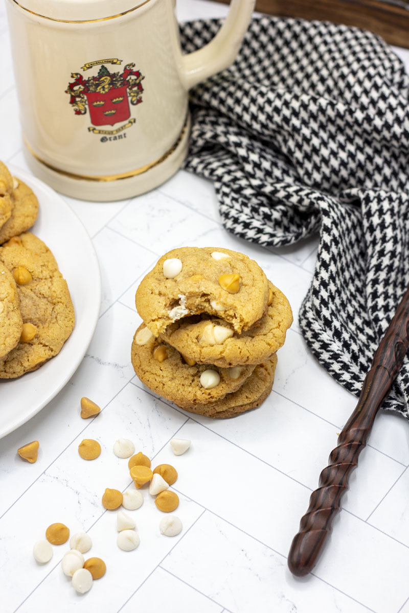 Butterscotch butterbeer cookies stacked high