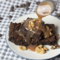salted caramel sauce drizzled on brownies with nuts