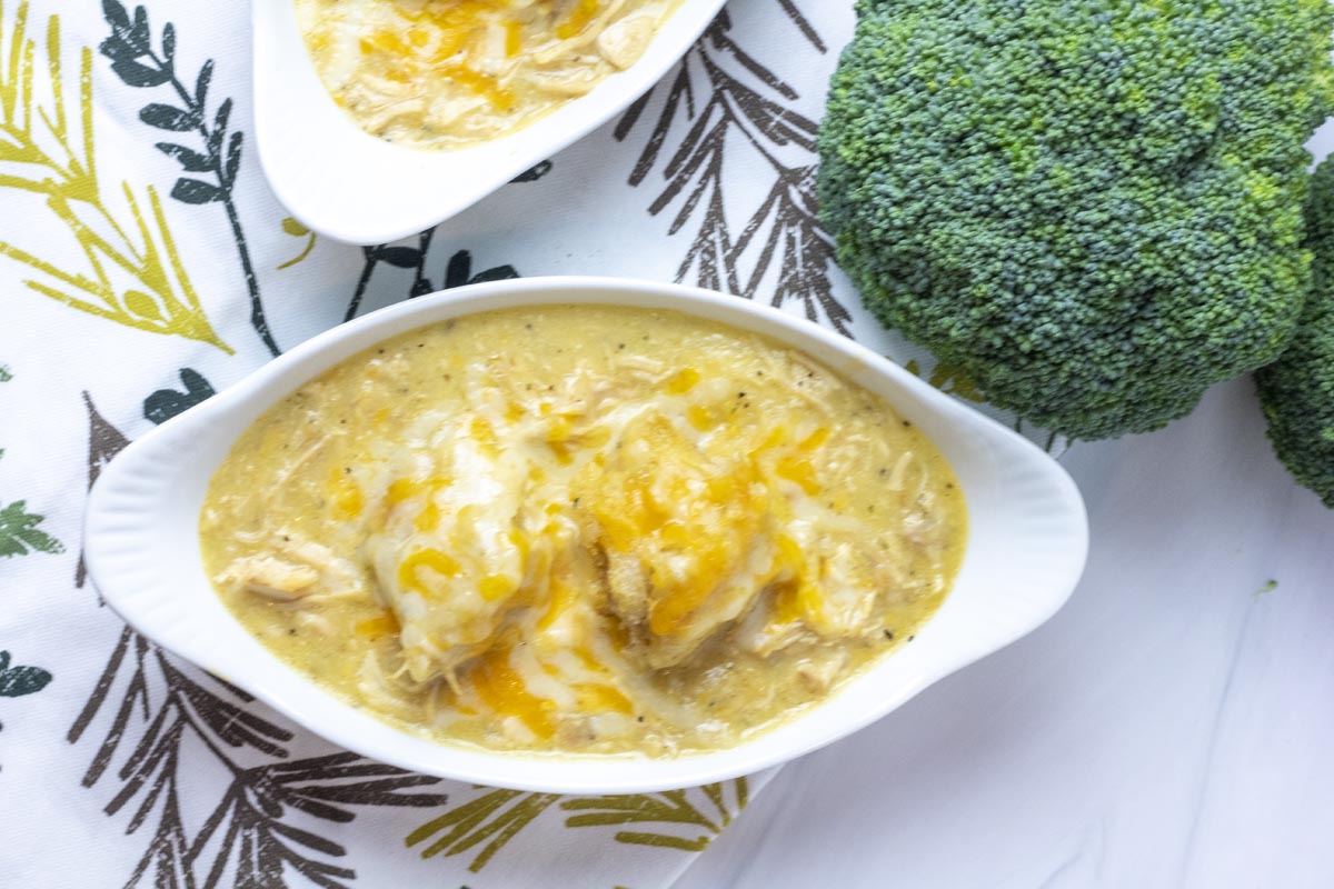 top down view of cheesy chicken and dumplins