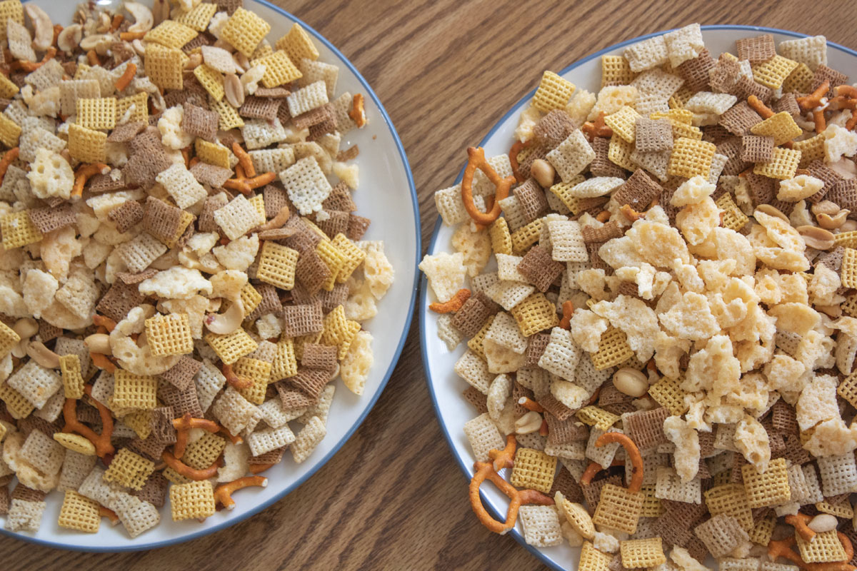 Party chex mix in two bowls