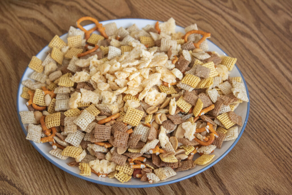 Cheesy chex mix in a bowl