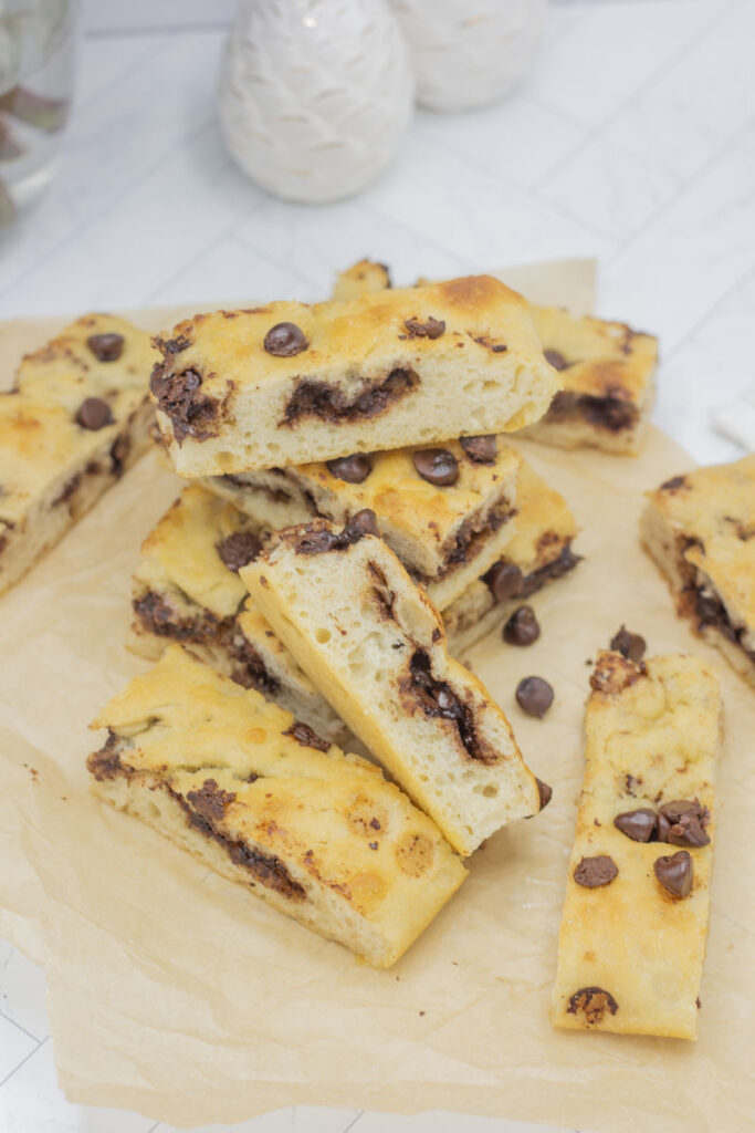 Pile of chocolate chip focaccia