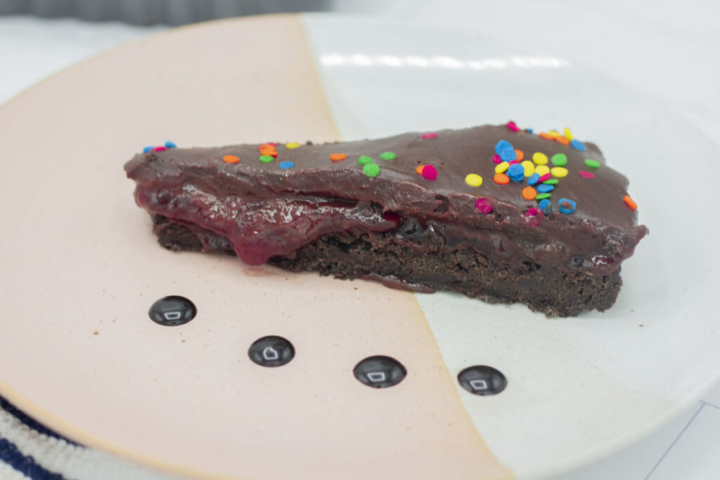 A slice of easy, no-bake raspberry chocolate tart