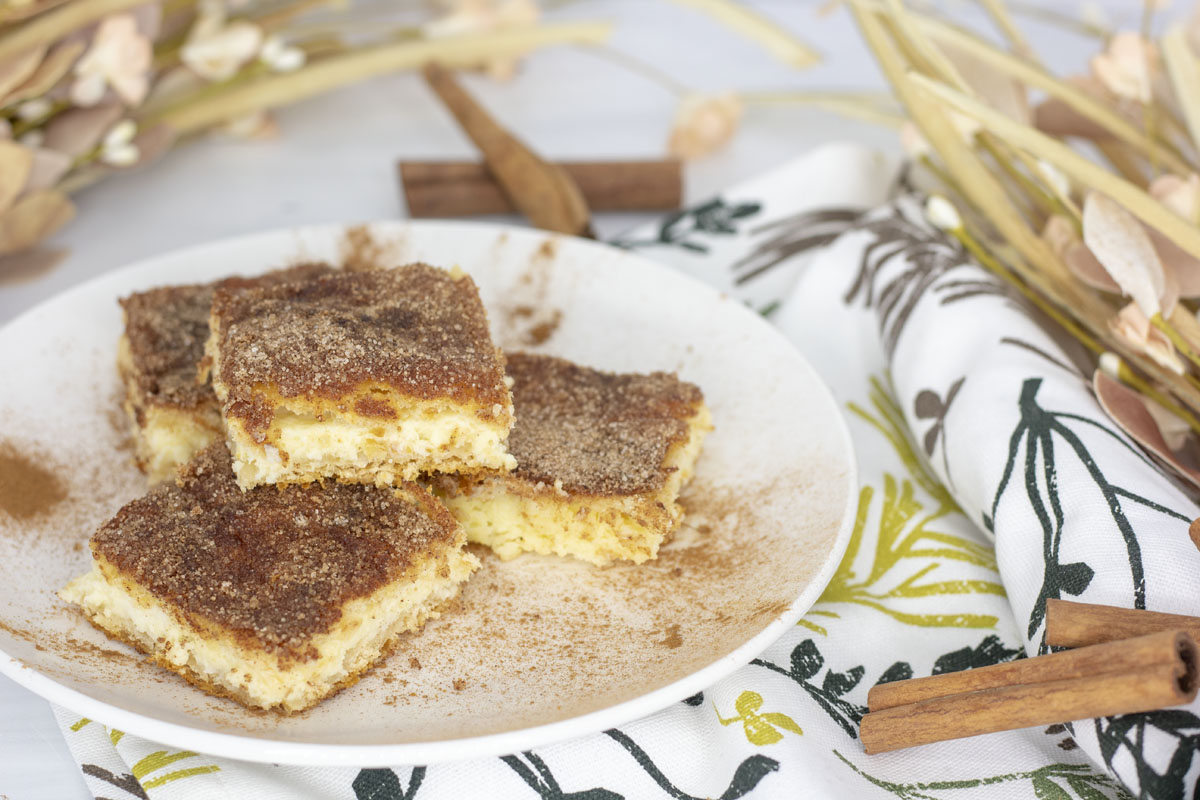 Churro cheesecake bars stacked on a plate sprinkled with cinnamon