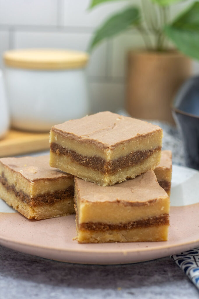Squares with layers of shortbread and cinnamon and icing