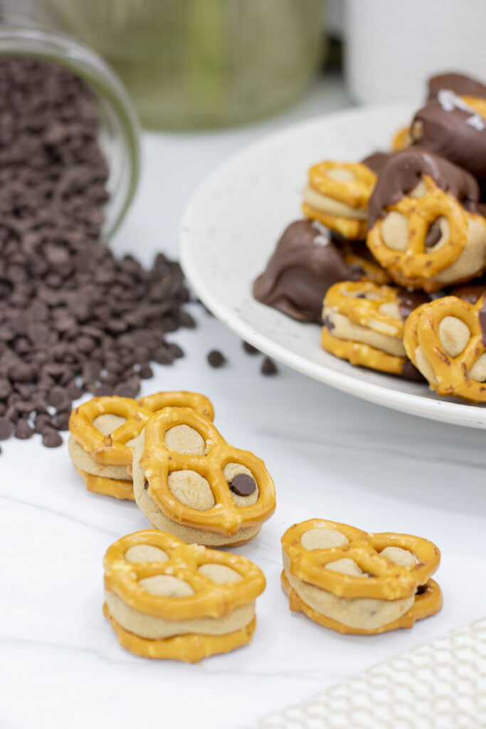 Chocolate-dipped and undipped cookie dough pretzel bites