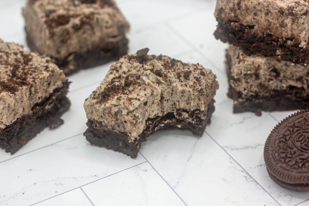 Cookies and cream brownie with a bite taken out of it