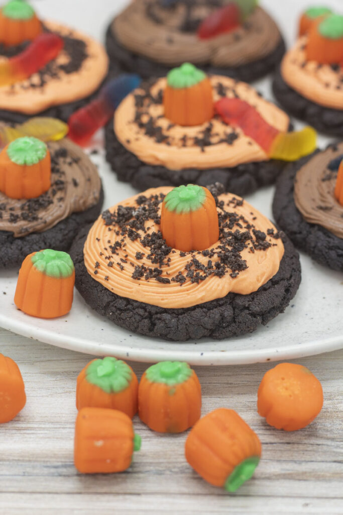 assorted candy corn pumpkins on pumpkin patch dirt cookies