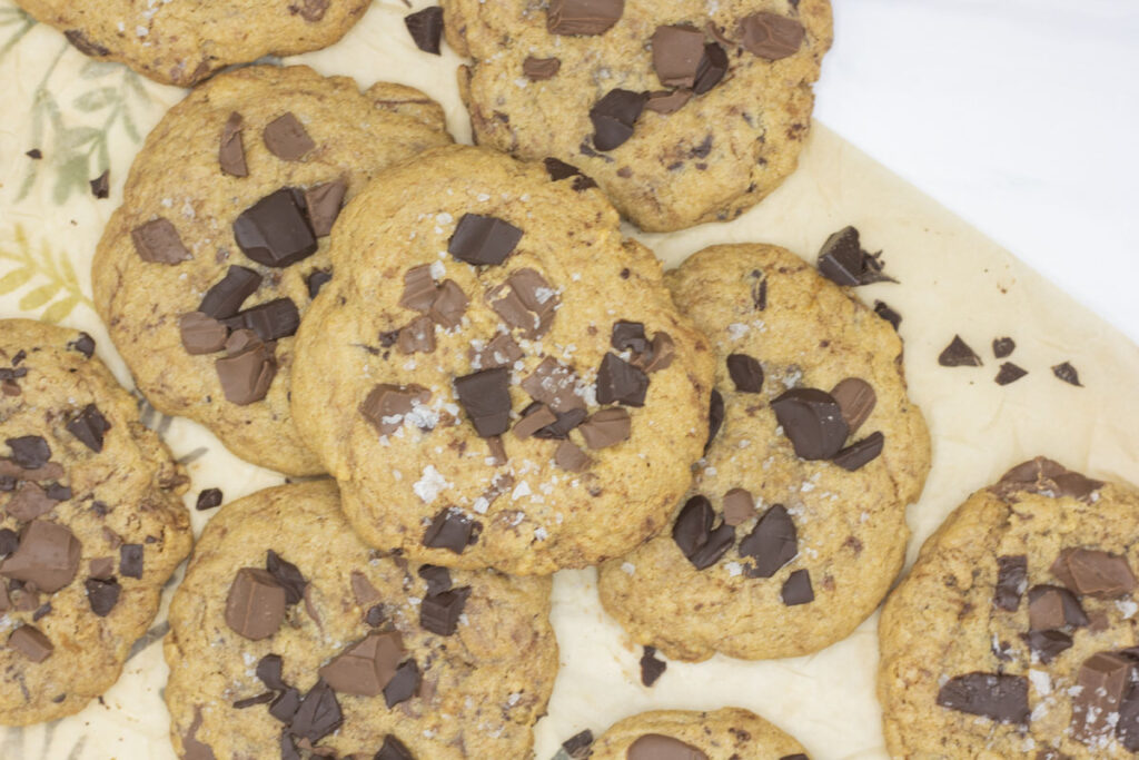 Supersized chocolate chip cookies piled high