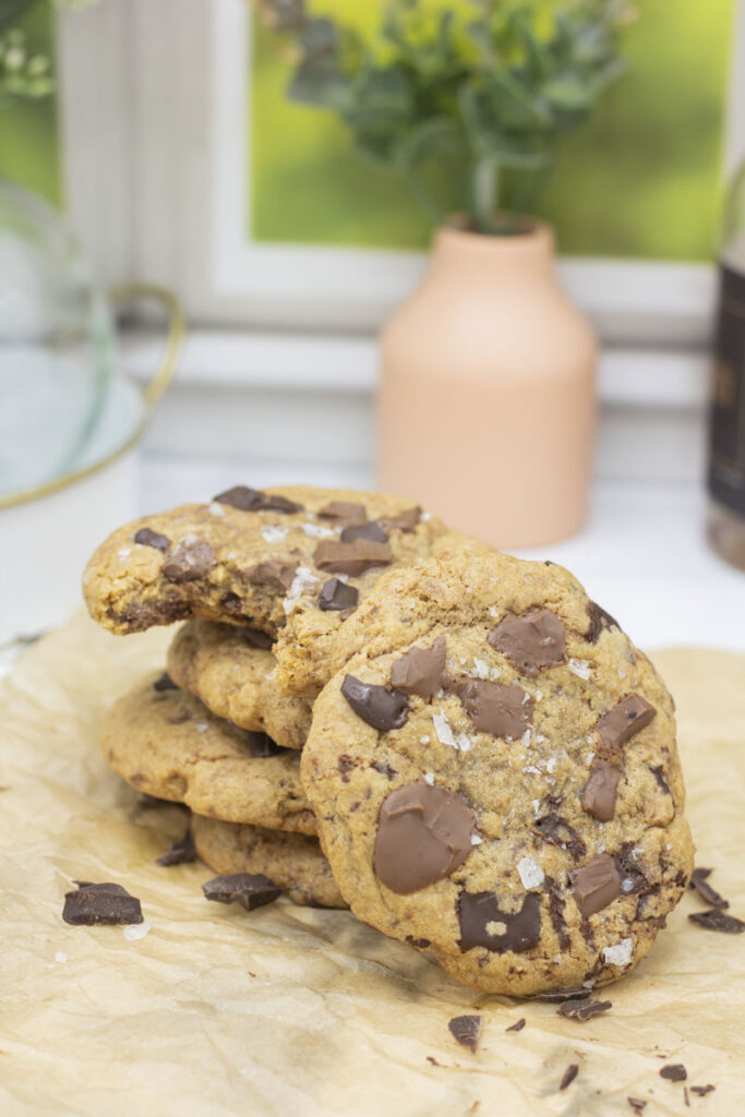 Various chocolate chunk cookies, all topped with both milk and dark chocolate chunks and flaky salt