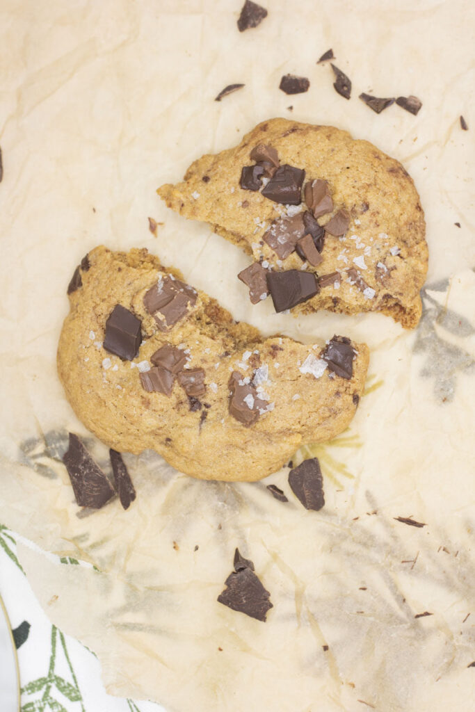 Chocolate chunk cookie broken in half