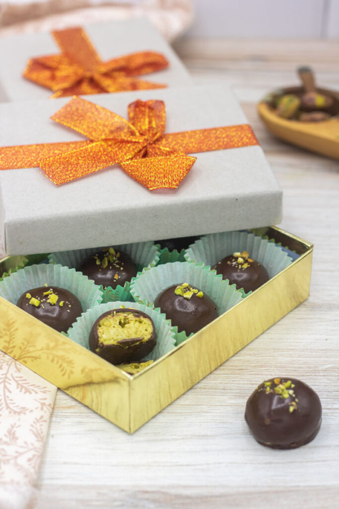 A gift box of dubai pistachio truffles made with 2-ingredient nougat and kataifi dough