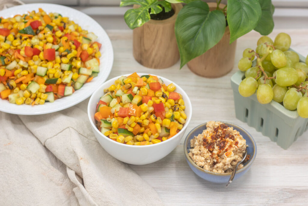 Corn, cucumber, pepper salad with feta dressing