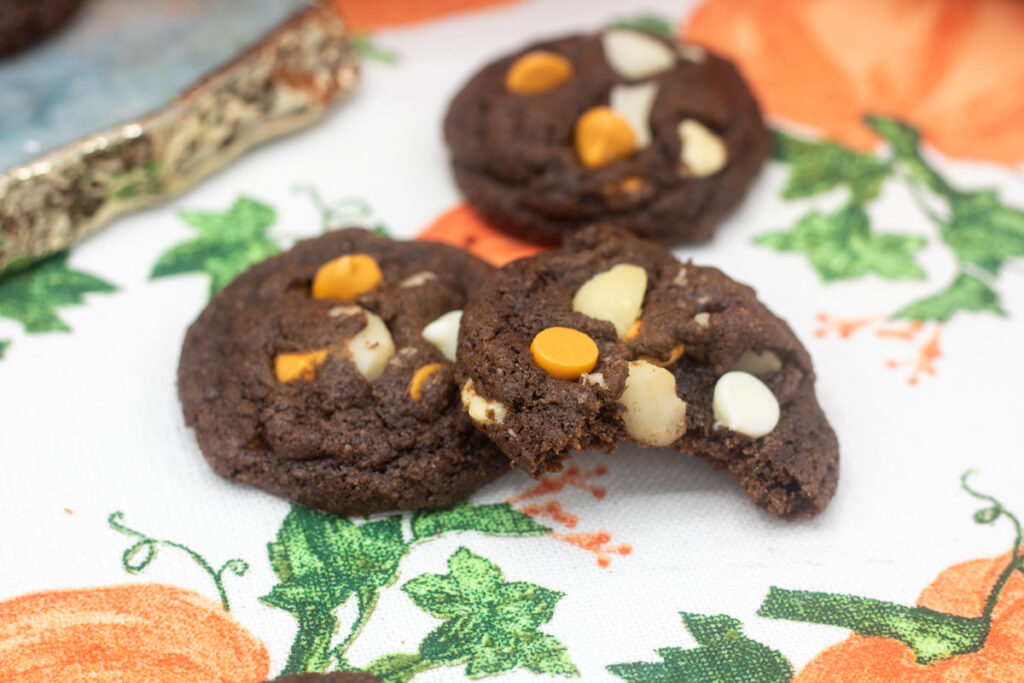 Bit taken out of a chocolate pumpkin spice cookie