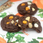 Bit taken out of a chocolate pumpkin spice cookie