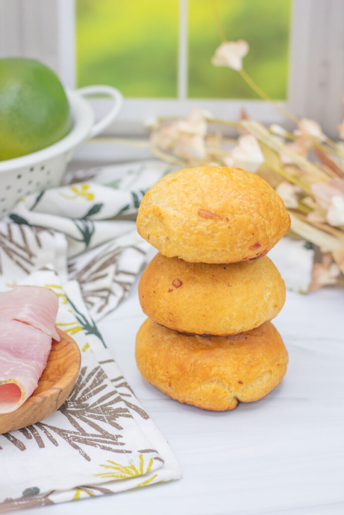 Stack of three ham and swiss biscuit bombs
