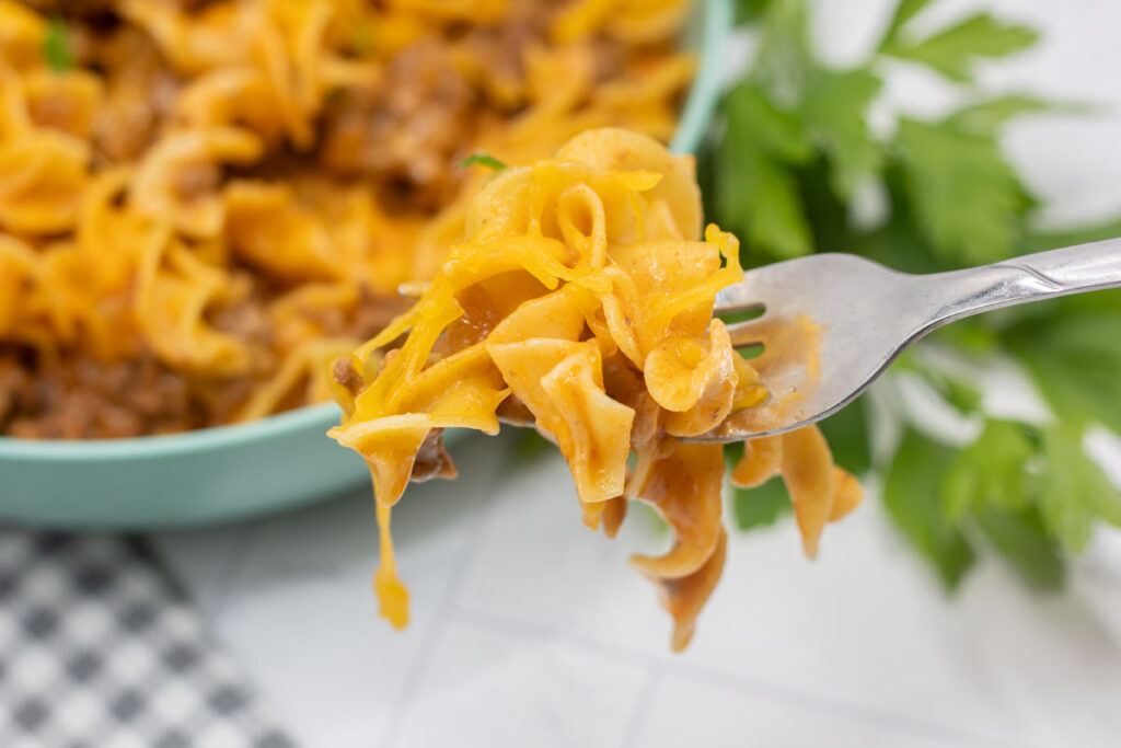 A forkful of homemade hamburger helper