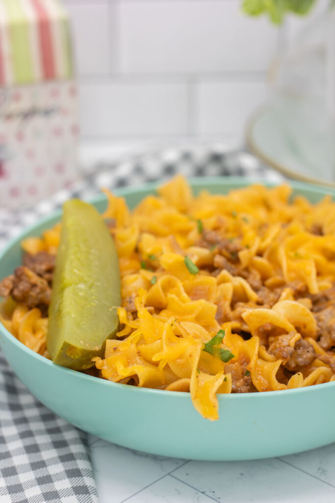 Homemade hamburger helper with a pickle
