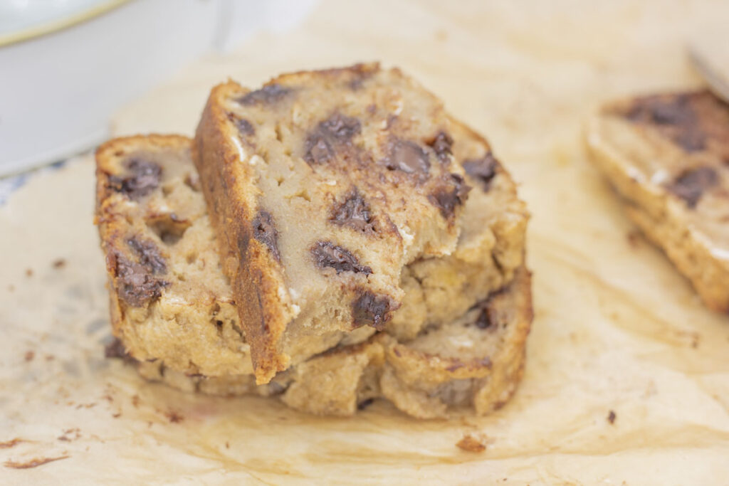 Stacked slices of healthful chocolate chip banana bread