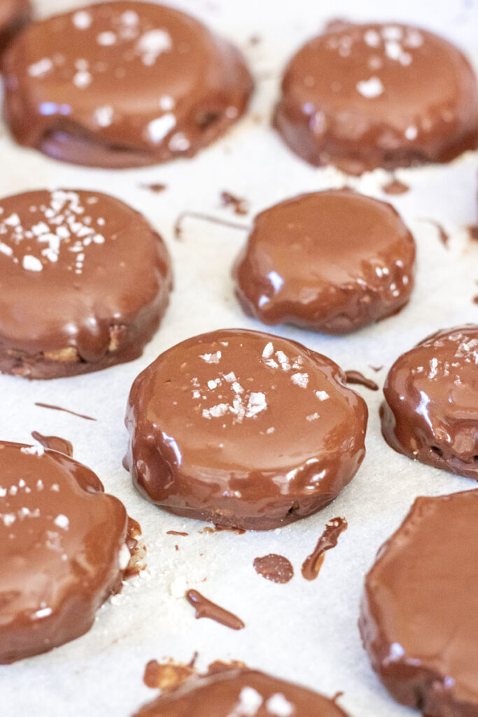 Milk chocolate coated tagalongs topped with sea salt